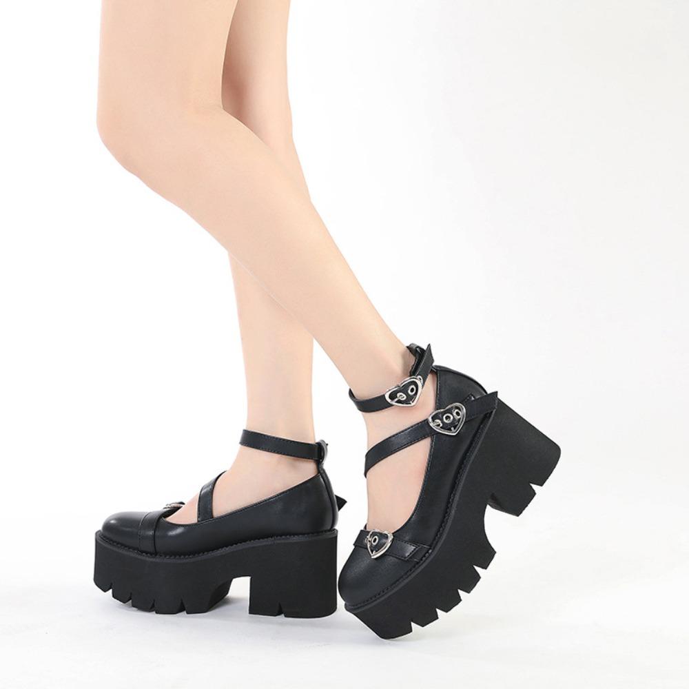 2022 Spring Women British Style Retro Leather Pumps, Block Heel Platform Thick‑Sole Vintage Fashion Ladies Casual Single Shoes