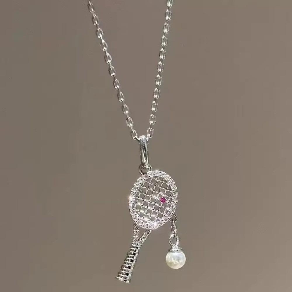 Pearl Chain Racquet Pendant Necklace Exquisite Design Zircon Pearl Chain Necklace  For Women