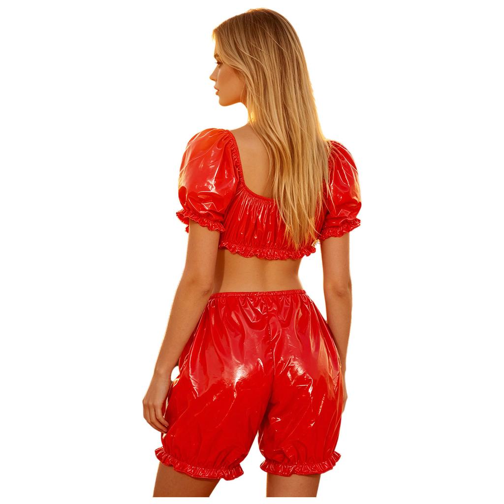 Womens Waterproof Vinyl Ruffled Pajamas Set Short Puff Sleeve Crop Top Bloomers Shorts