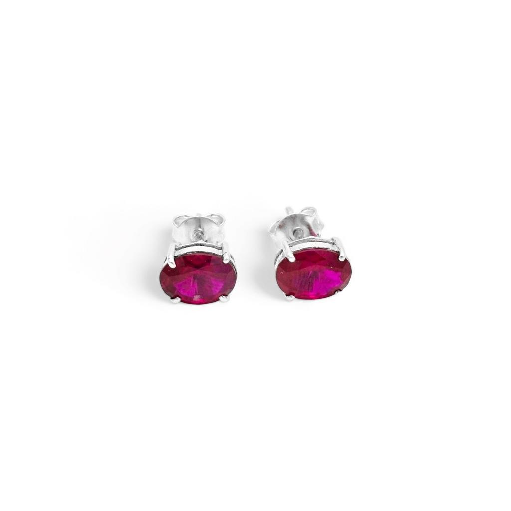 925 Sterling Silver Synthetic Ruby Oval Stud Earrings