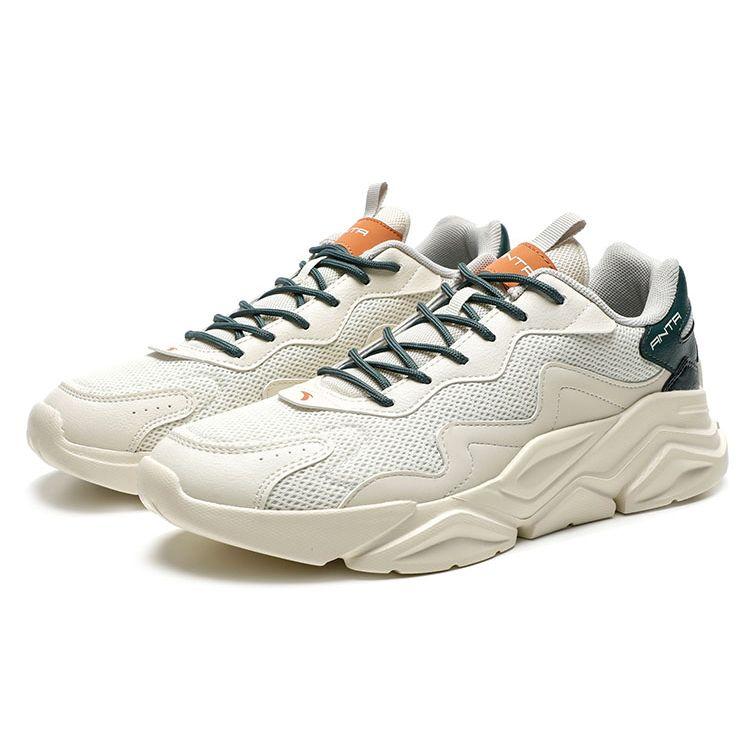 Anta Lifestyle Series Fabric Synthetic Leather Shock Absorbing Non-Slip Wear-Resistant Low-Top Casual Shoes Men Sneaker White Green 912048820-8