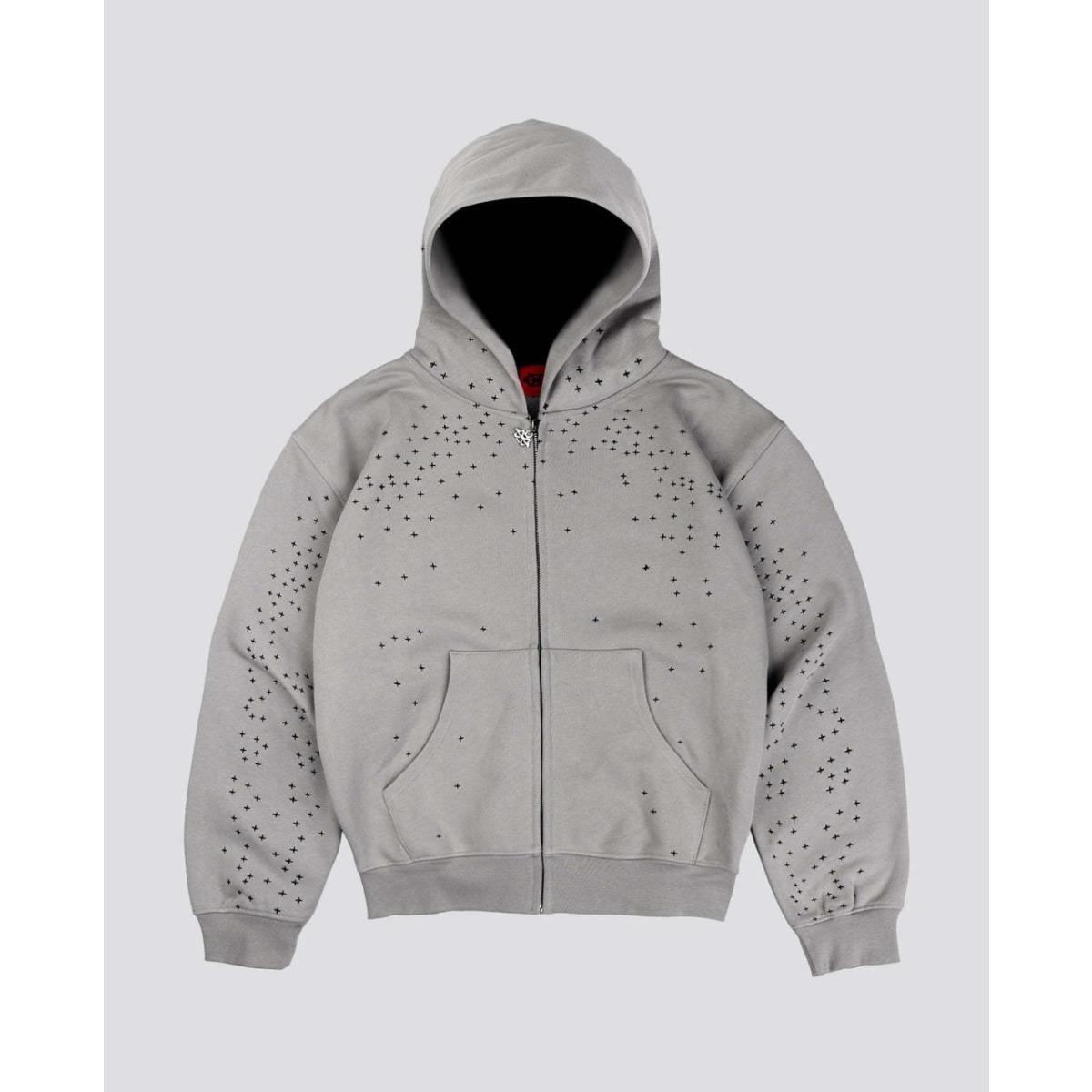 STREETRICH Chic Unisex Starry Sky Rhinestone Hoodie Women Modern Padded Shoulder Zipper Long Sleeve Jacket Street Casual Lady Sweatshirt S серый