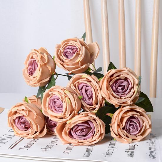 10 Heads Artificial Rose Flower Realistic Faux Silk Long Stem Rose Bouquet with Leaf for Home Kitchen Office Wedding Party Decoration