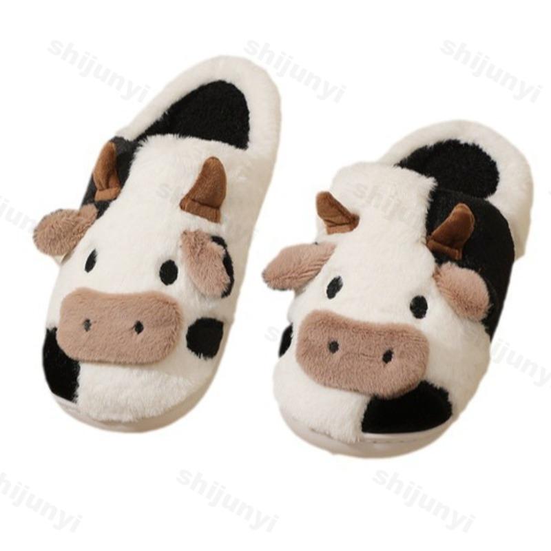 Fashion Womens Cotton Slippers Cartoon Cow Couple Non-Slip Warm Indoor Home Slippers Plush Fluffy 2025 Winter Comfortable Floor Slippers