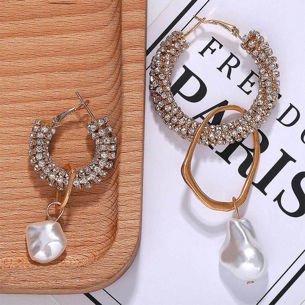 Super Flash Full Asymmetric Circle Earrings Pearl Drop Earrings for Nightclub