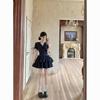 Lace v-neck short-sleeved dress summer new French waist thin lace-up A-shaped skirt cake short skirt women