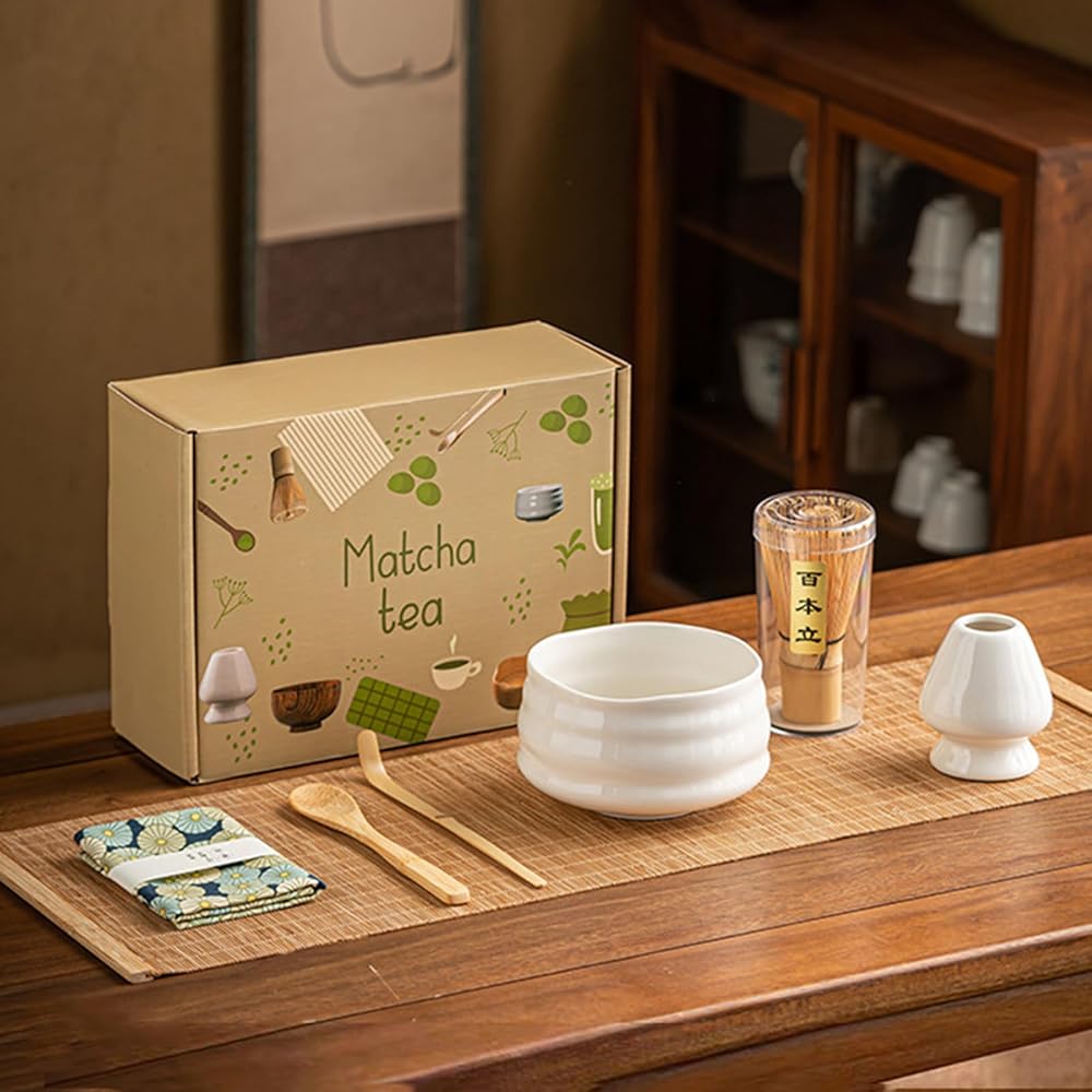 Matcha 7 Piece Set Tea Ceremony Tools Matcha Bowl Chasen Holder Chashaku Whisk Powder White