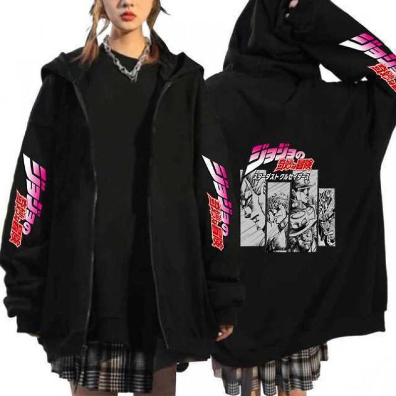 Mens Hooded Sweatshirt With JoJos Bizarre Adventure Print Fleece-Lined Oversized Streetwear Top