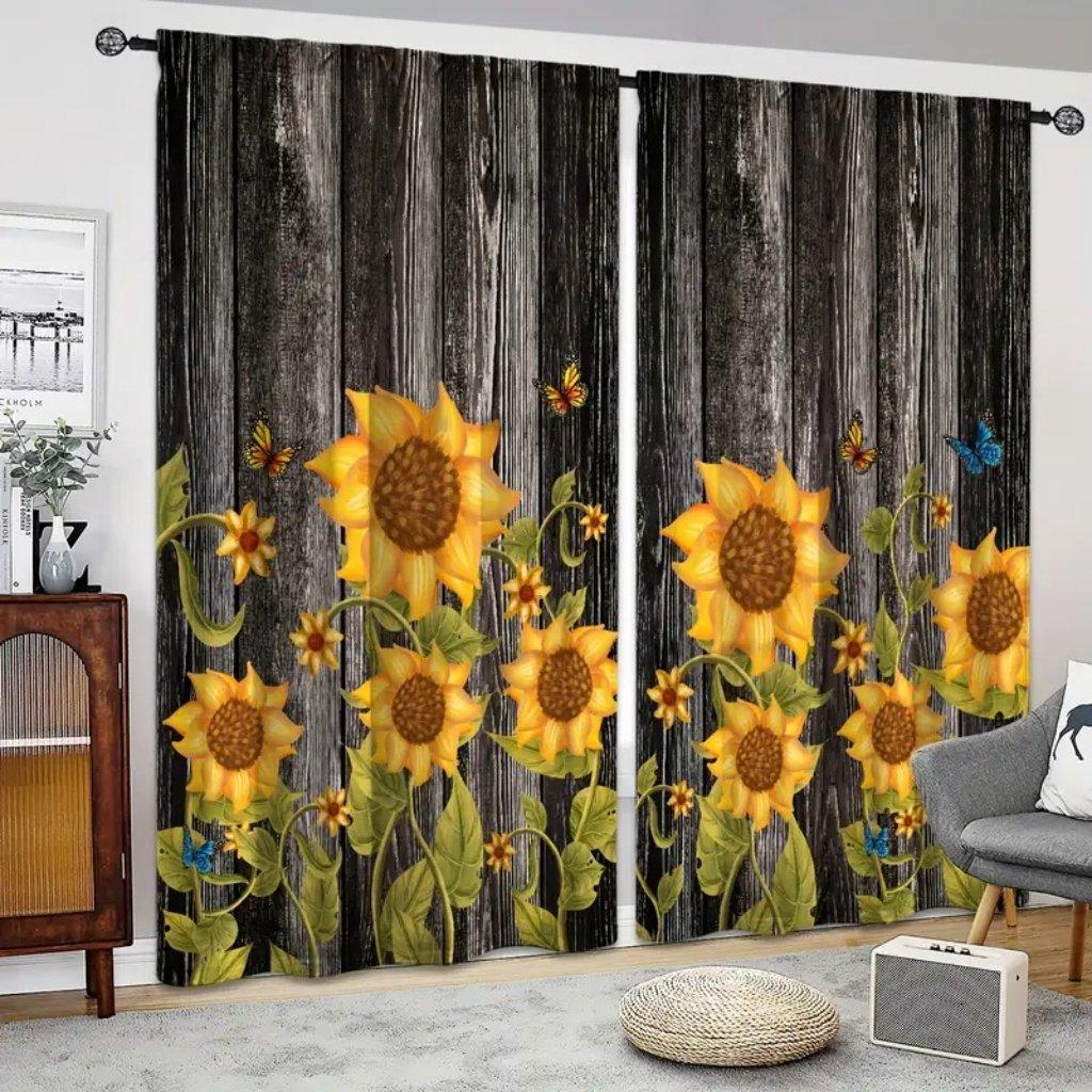 1pc Wooden Sunflower Curtains Semi-shading Grommet Top Curtains For Bedroom Living Room Office Home Decor