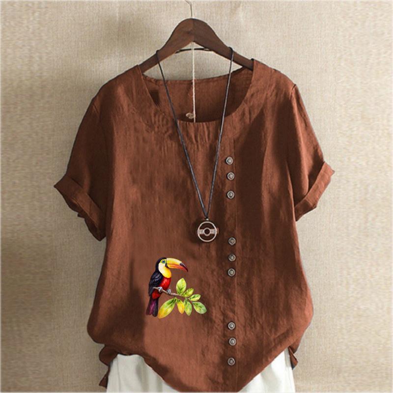 Women's Fashion Round Neck Short Sleeve T-shirt Casual Cotton Linen Pattern Shirt Leisure Loose Bird Prined Summer Blouse Tops