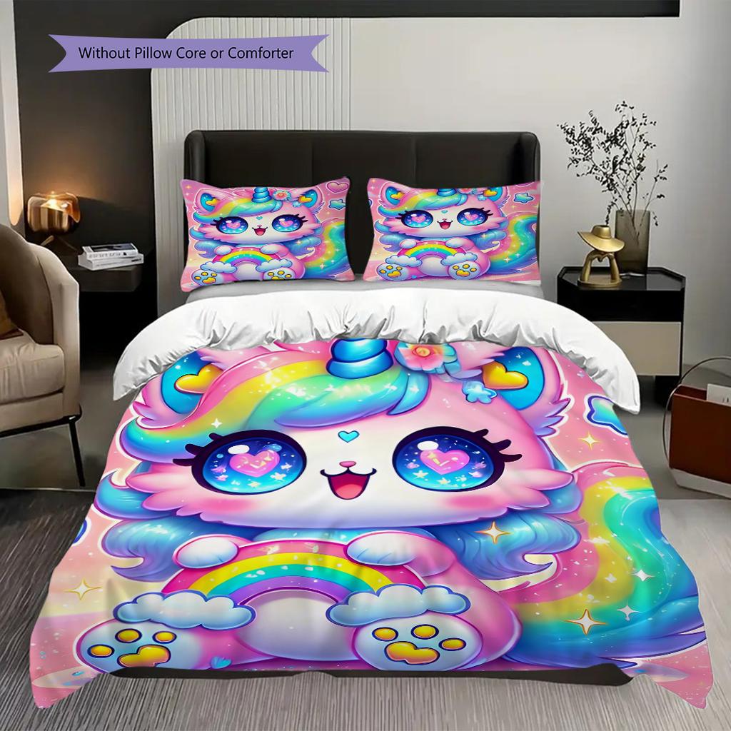 Cartoon cute fantasy unicorn bedding, duvet cover, pillowcase, home decoration, birthday gift (1 * duvet cover+2 * pillowcase, coreless)