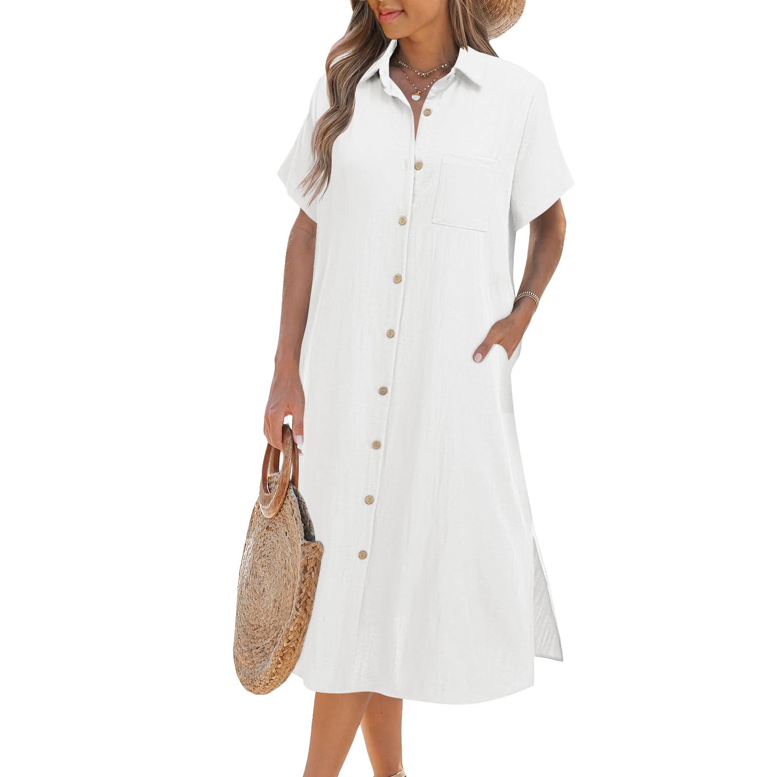 

Women Dresses Summer Casual Short Sleeve Button Down Shirt Dresses Beach Cover Up With Pockets XL білий