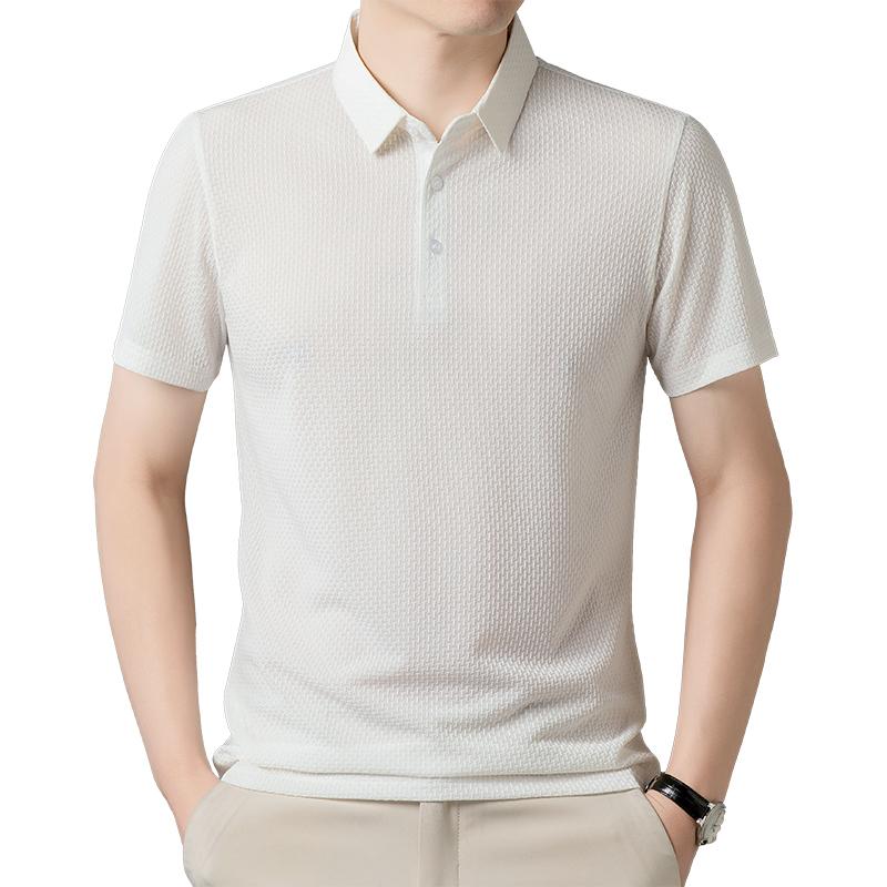 Men's Light Gray Textured Short Sleeve Polo Shirt, Breathable Quick Dry Top, Ice Silk Cool Feeling for Summer Daily Wear