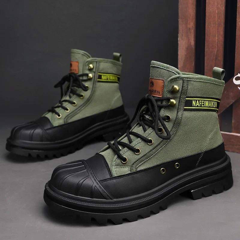2025 Mens Boots Canvas New In Winter Casual Shoes Luxury Ankle Platform Hiking Safety Motorcycle Chelsea Tactical Cowboy Combat