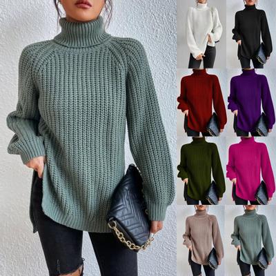 Autumn Winter Knitwear Mid Length Raglan Sleeve High Collar Split Hem Sweater Dress Luxurious Relaxed-fit Slimming and Versatile Top
