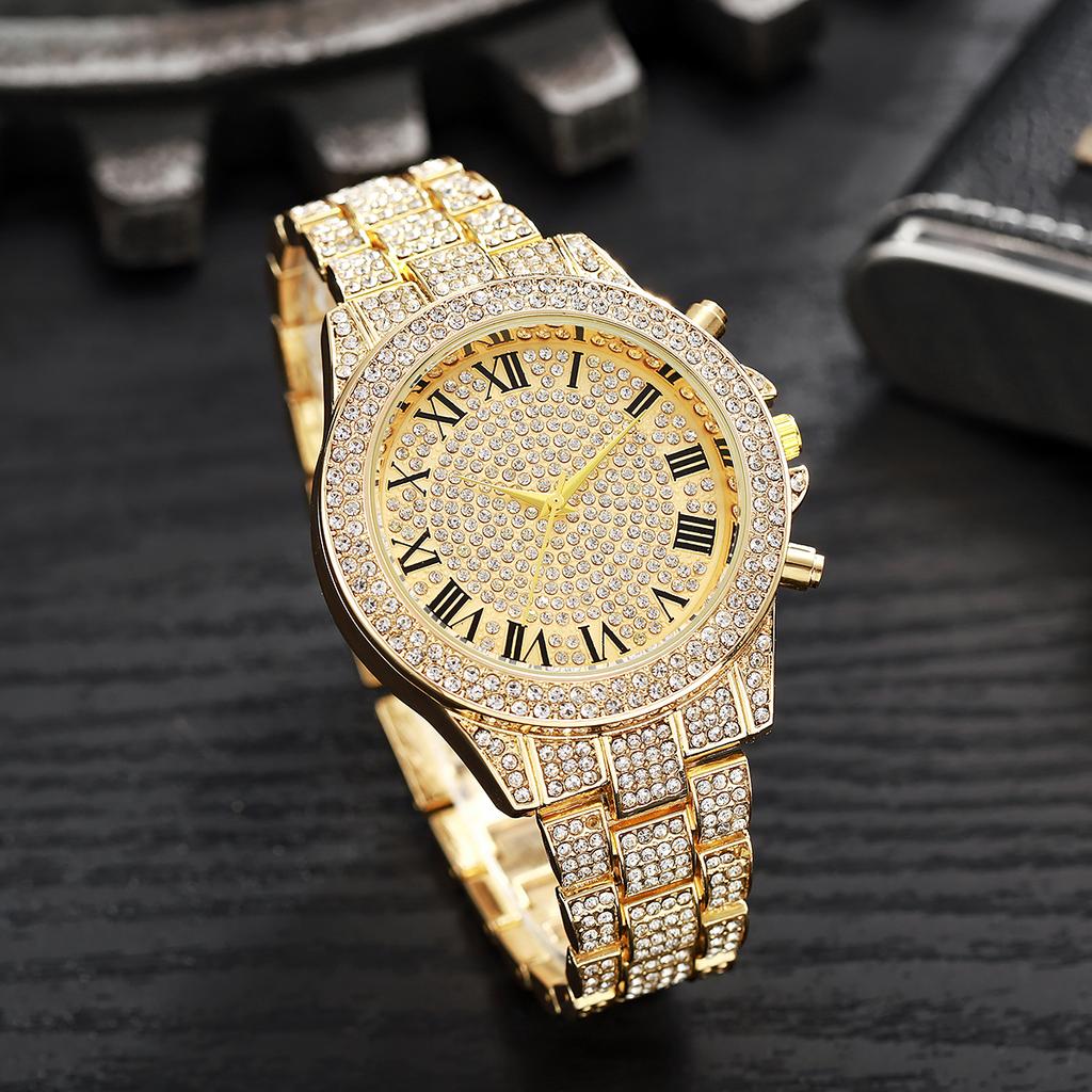 Full diamond Roman literal steel strap watch temperament business quartz watch hip hop style full diamond bracelet set men and w
