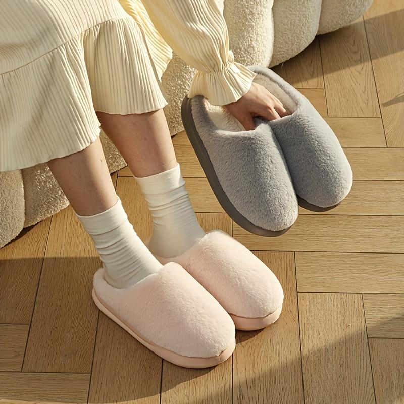 Warm and Comfortable Thickened Men's/Women's Solid Color Plush Slippers with Faux Fur Lining, Autumn and Winter Soft Sole Comfortable Home Slippers