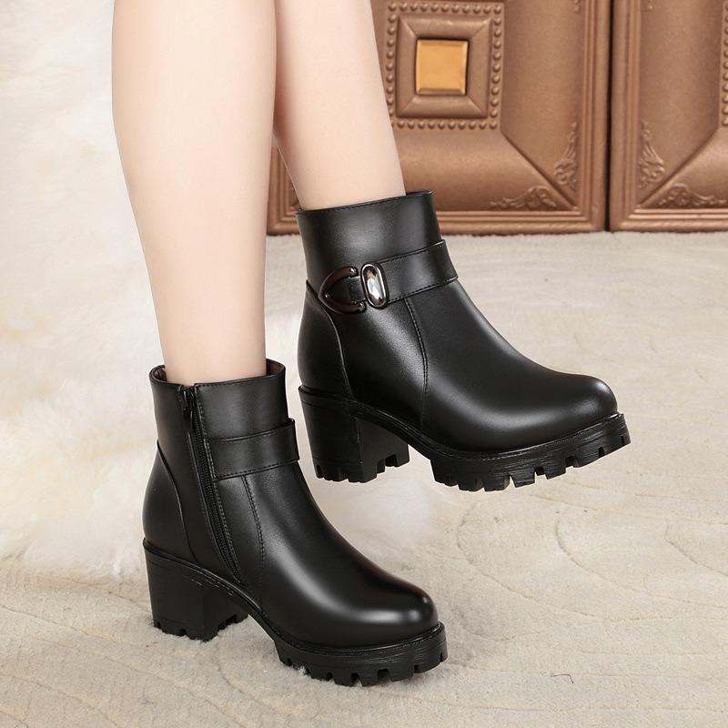 Winter Women's Boots Luxury Casual Leather Boots Plush Warm Snow Booties Mother Cotton Boots High Heel Ankle Booties Botas Mujer
