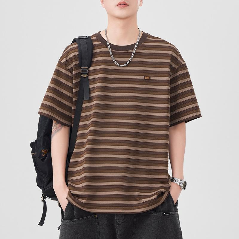 Striped Short-sleeved T-shirt for Men's Summer New Round Neck T-shirt Versatile Casual Retro Embroidery Logo
