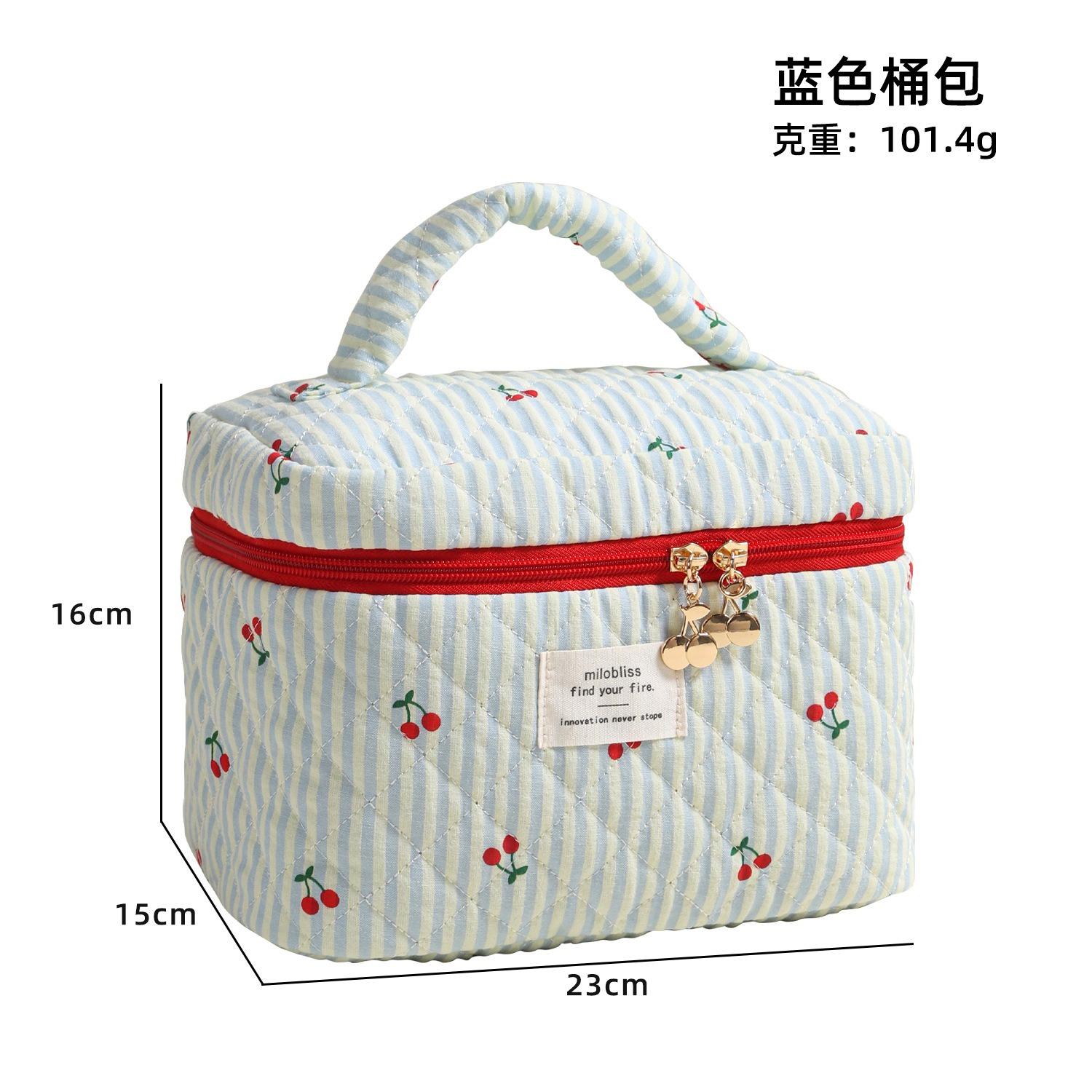 

Korean versi ins red cherry print quilted cosmetic bag striped three-color versatile simple storage bag going out travel porta