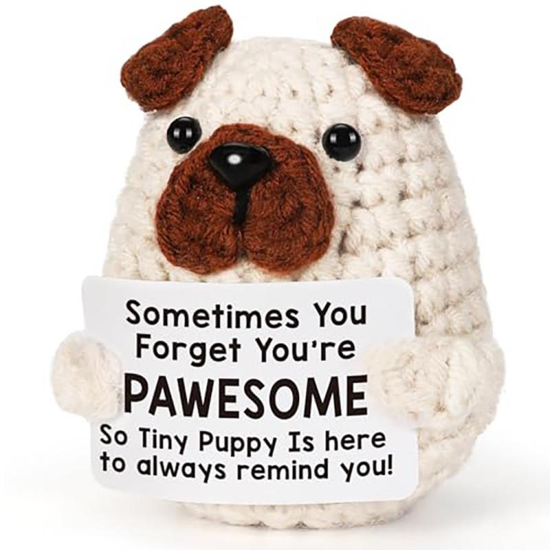 Cachorrinho Branco Positivo Amigurumi Boneca de Animais de Crochê Com Cartão Ornamento de Mesa Apoio Emocional Feito à Mão Tricotado Brinquedo para Animar