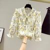Neue Sommer 3/4 Ärmel Top frauen Scartf Kragen Bogen Chiffon Hemd Blumen Druck Bodenbildung Bluse S-3XL