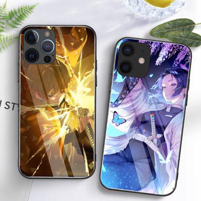 Japanese Demon Slayer Cartoon Tempered Glass Back Cover Phone Case For Iphone 6 7 8 14 Plus X Xs Max Xr 11 12 13 14 Pro Max Se