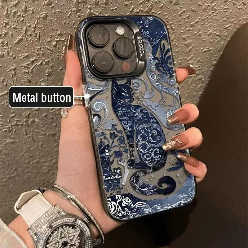 Electroplate Silver  Phone Case for IPhone 16 15 14 13 PRO MAX 11 12 13 PRO X XS XR 7 8 Plus Cute Blue and White Cat Cover