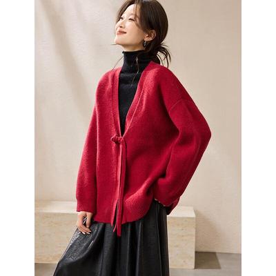 Mohan Yimei Women's New Year Red V-Neck Knit Cardigan