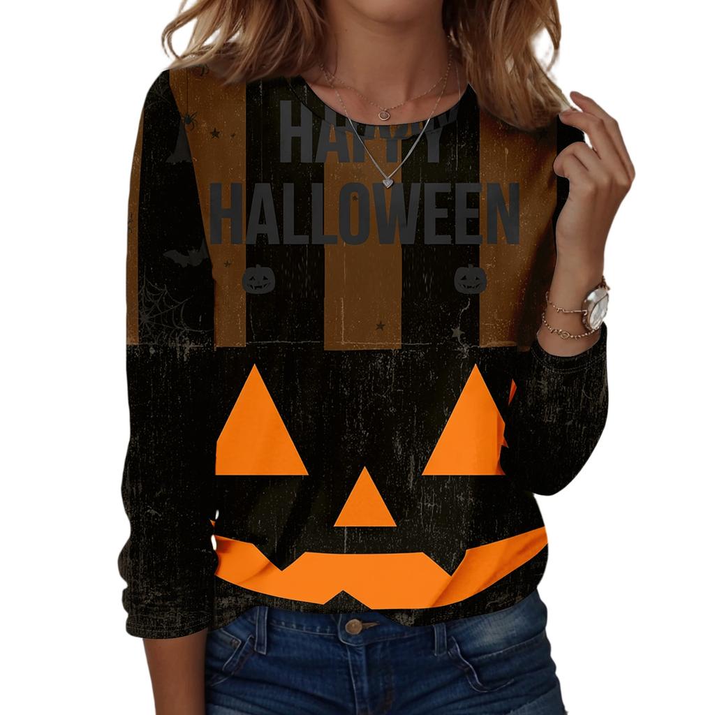 Women's Long Sleeve Casual Halloween Print Pullover Sweatshirt Round Neck Comfortable Fit Seasonal Top for Autumn Winter