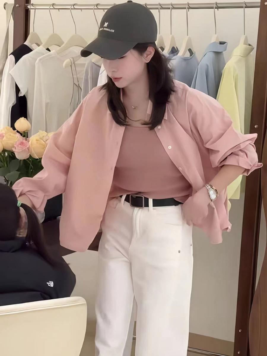 

Рубашка с лацканами в корейском стиле для женщин - Весенняя мода 2025, Маленький повседневный, Свободный приталенный топ Medium розовый