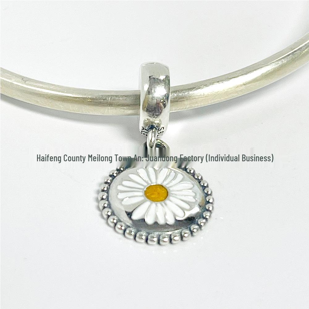 Pandora S925 Sterling Silver Bracelet with Little White Flower Pendant