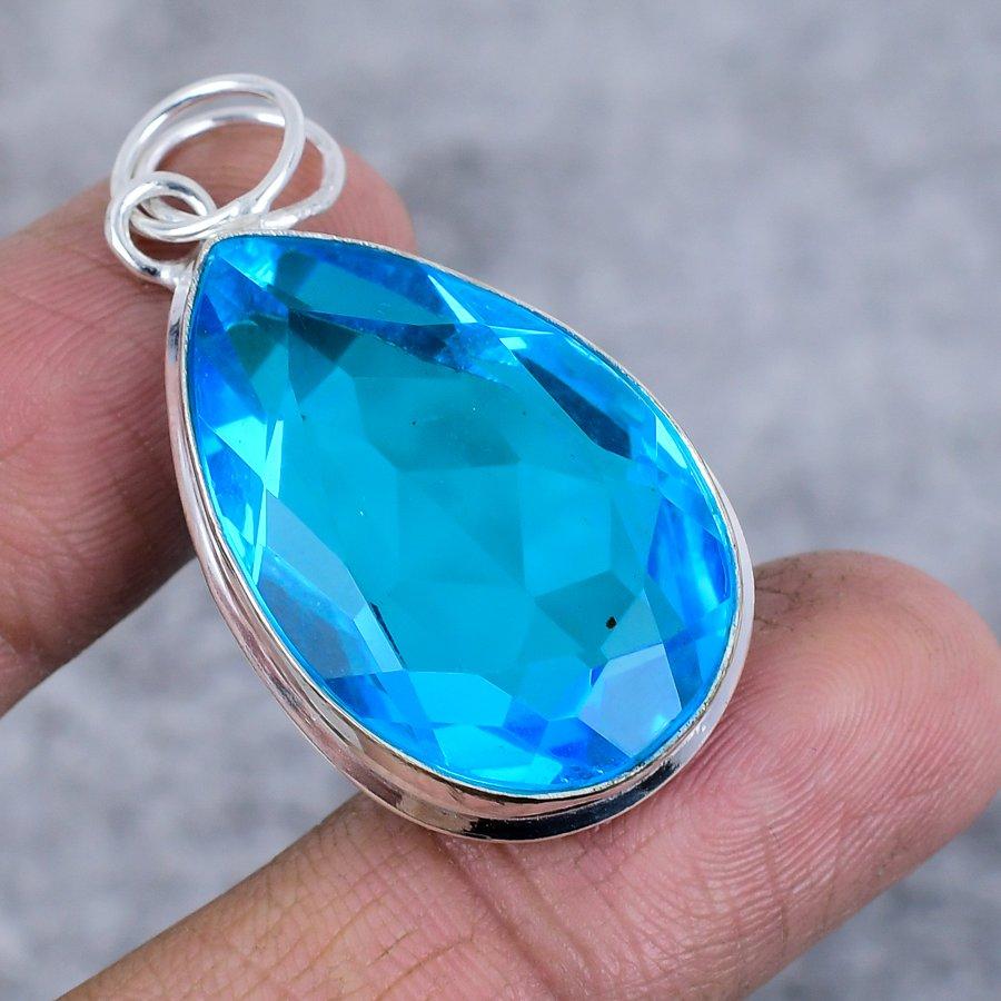 Swiss Blue Topaz Gemstone Handmade 925 Sterling Silver Pendant 1.85" S0g96