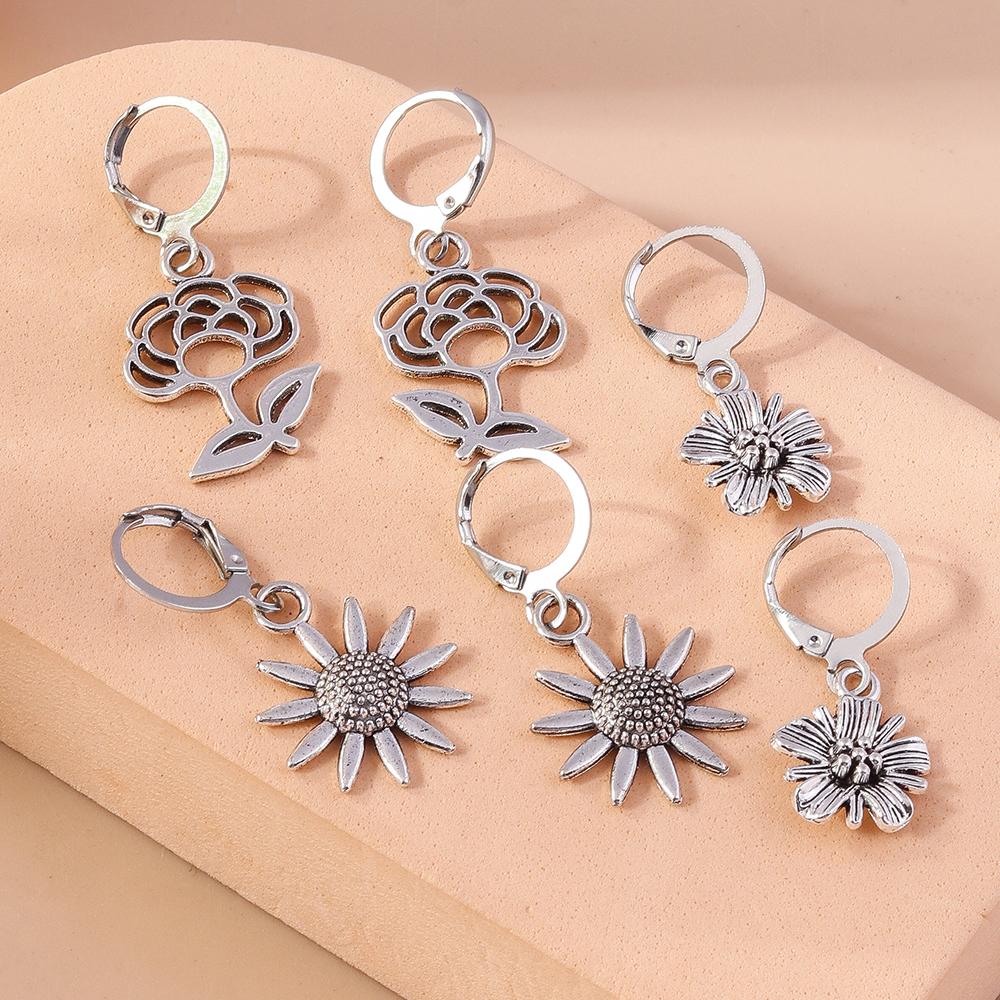 3paris/set Vintage Alloy Flower Dangle Earrings Sunflower Rose Earrings for Women Girls Party Holiday Jewelry Gifts