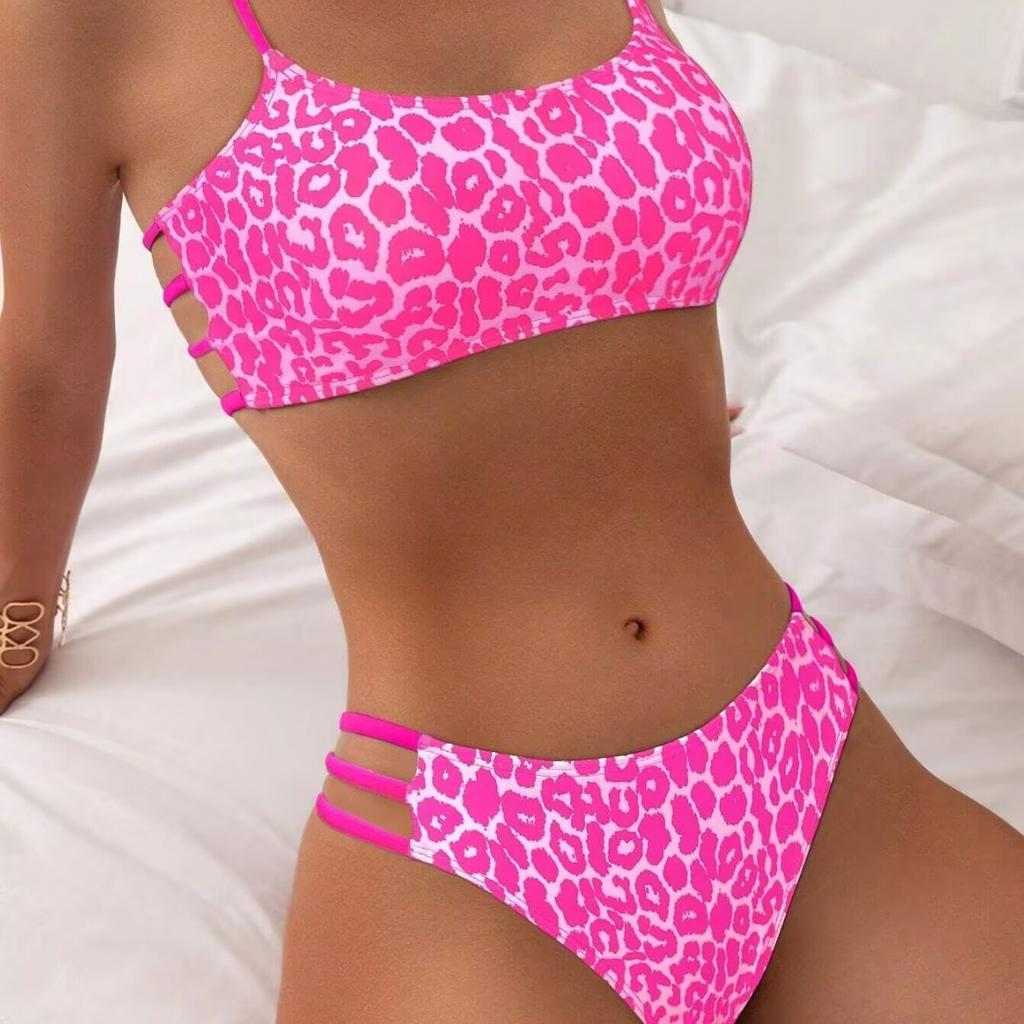 New Women's Triangular Halter Bikini Swimsuit Gathers Sexy Swimsuit Leopard Print Cover