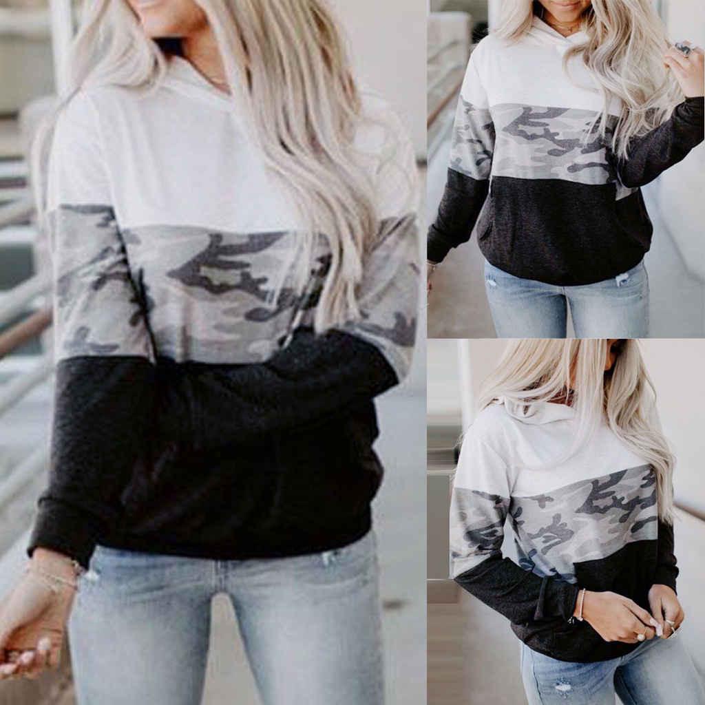 

Модный женский пуловер с капюшоном и камуфляжным принтом, блузки с длинными рукавами