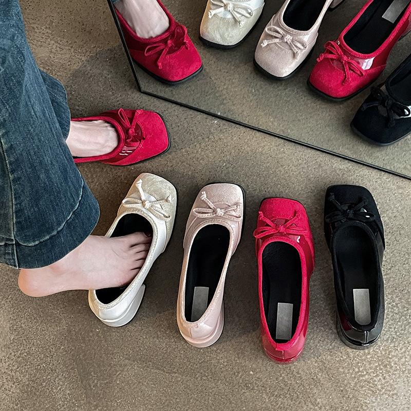 French Bow Thick Heel One Pedal High Heels Autumn Ballet Shoes Bag Head Small Leather Shoes Women Mary Jane Single Shoes