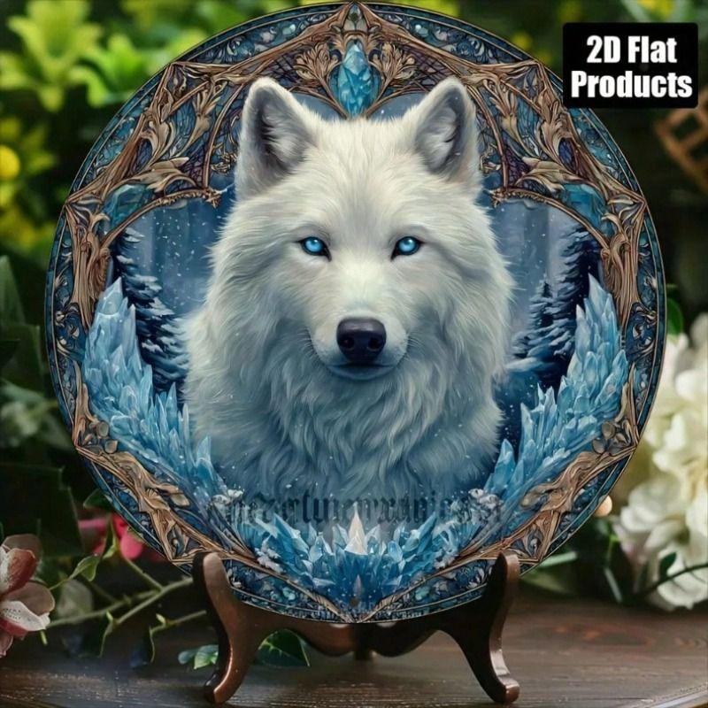 Metal Poster Wolf Glowing Eyes Retro Round Wall Art for Bar