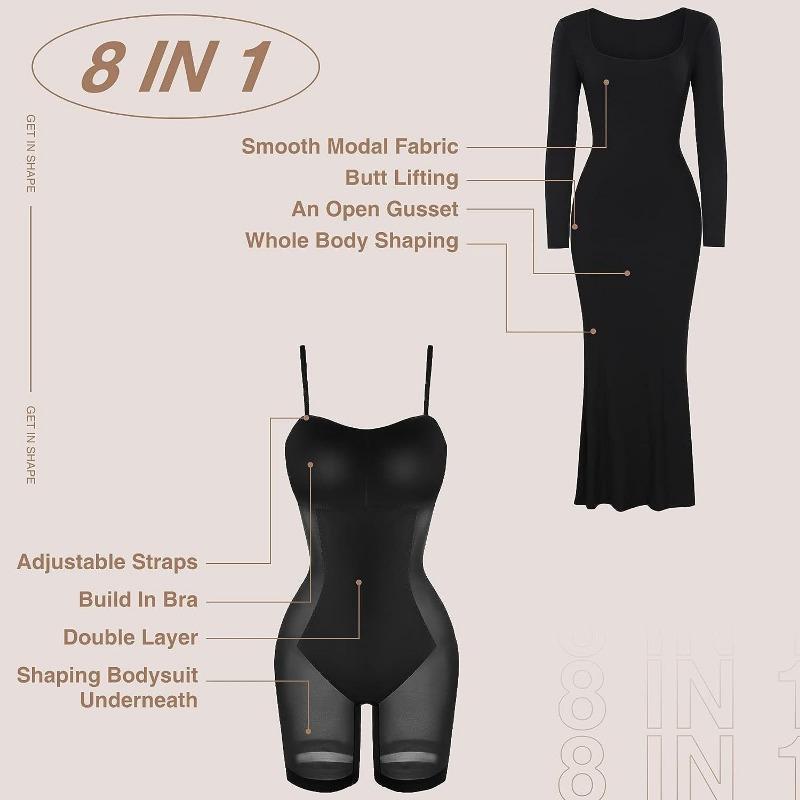 Women S Modal Ribbed Long Sleeve U Neck Shapewear Maxi Dress Tummy Control Butt Lifting Bodycon Long Dress