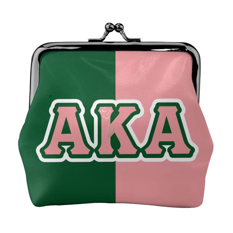 

AKA Sorority 1908 Pink Green Print Mini Leather Coin Purse for Women Girl Portable Small Kiss-Lock Closure Buckle Wallet