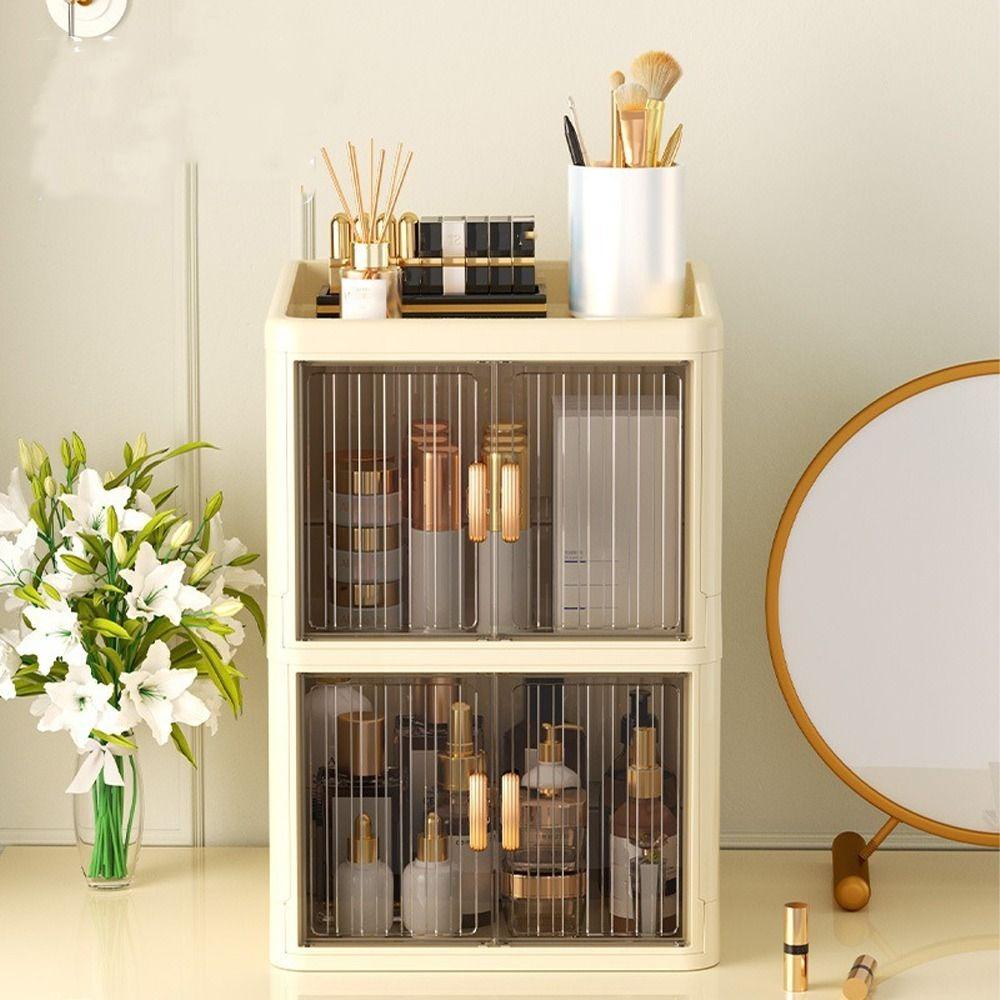 Transparent Cosmetics Storage Box Flat Cover Double Door Storage Box Storage Rack  Bedroom