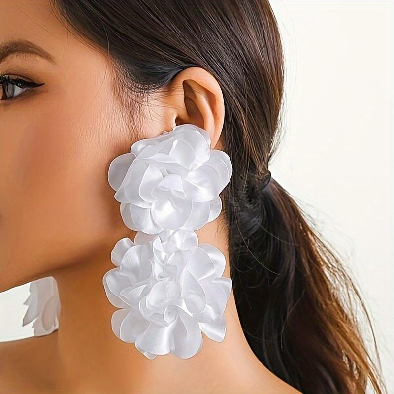 Exaggerated Double Fabric Flower Design Dangle Earrings Bohemian Vacation Style Delicate Holiday Ear Ornaments