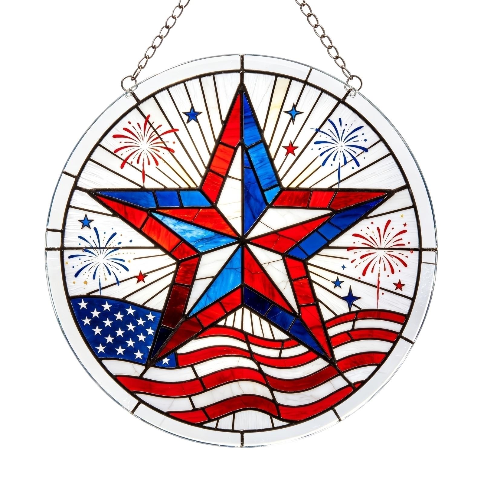 

Stained Glass Star Round Panel with Flag and Fireworks Pattern Hanging Window Decoration for Home Office Wall Door Display One Size
