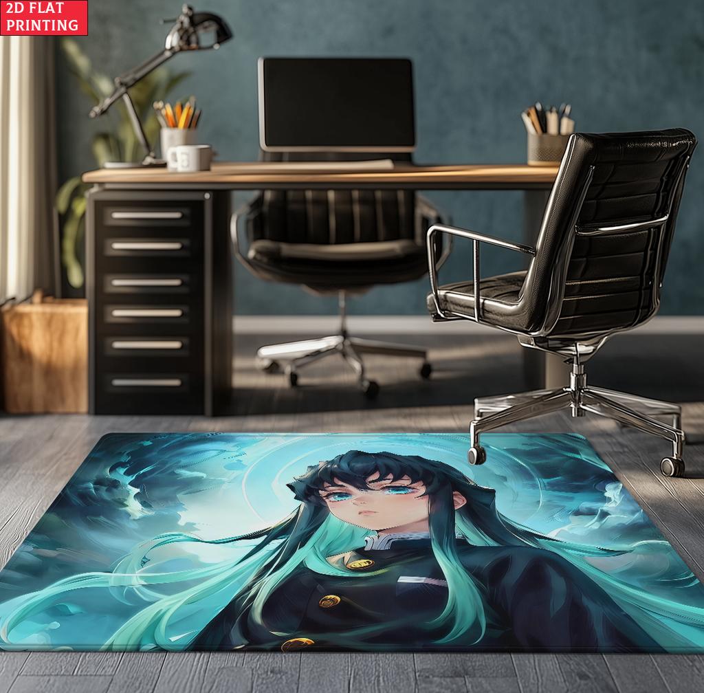 Anime Swordsman Area Rug, Blue Water Wave Theme  Floor Mat, Decorative Carpet for Gaming Room Bedroom, Washable Home Decor Gift
