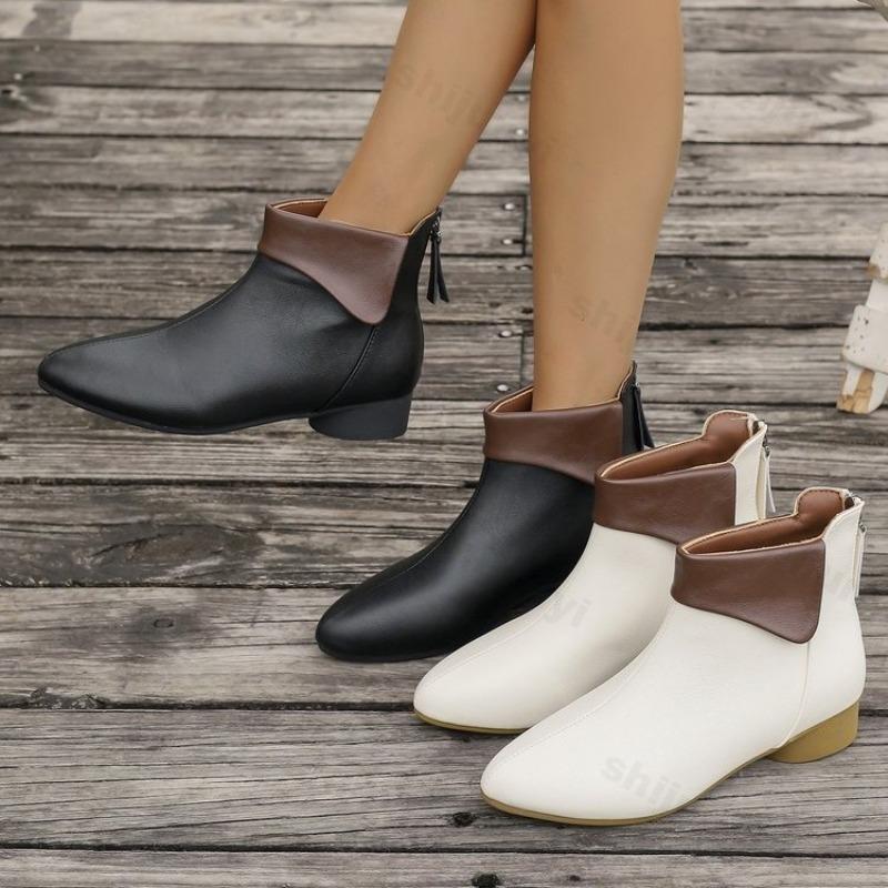 Fashion Women Ankle Boots 2025 Autumn New Low Heel Fashion Soft Leather Matching Color Short Boots Retro Back Zipper Design Office Boots