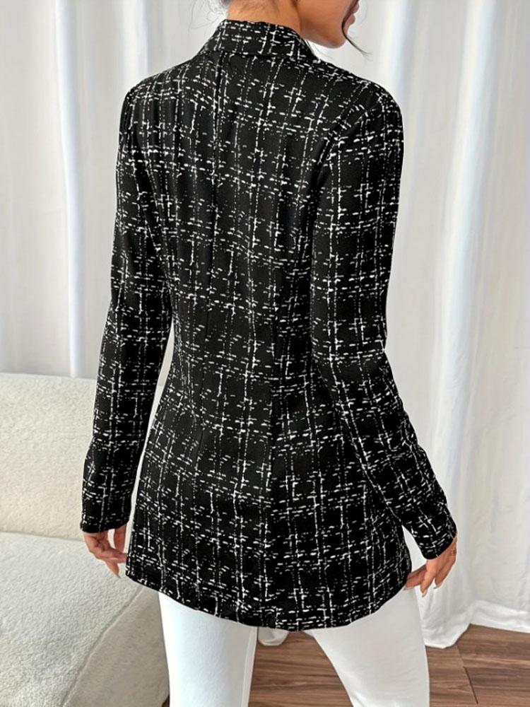 Autumn Winter New Elegant Black and White Grid Pattern Lapel Button Long Sleeve Slim Suits