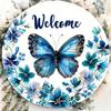 Welcome Blue Butterfly Floral Round Metal Tin Sign D Flat Printing Watercolor Art Wall Plaque For Home Decor