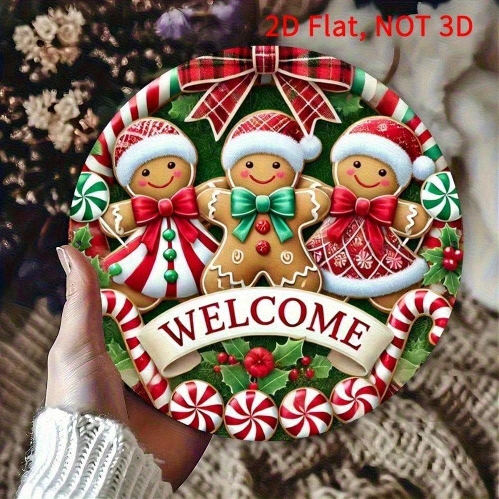 Festive Gingerbread Man Metal Wall Art, Christmas Round Sign for Home Kitchen Porch Decoration, 2D Flat Holiday Gingerbread Cookie Decor