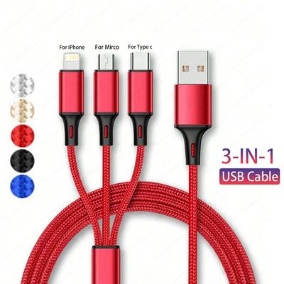 Cable USB tipo C 3 en 1 para cargar teléfonos, cable de nailon trenzado universal para iPhone 16, 15, 14, 13, 12 Pro Max, Xiaomi y Huawei