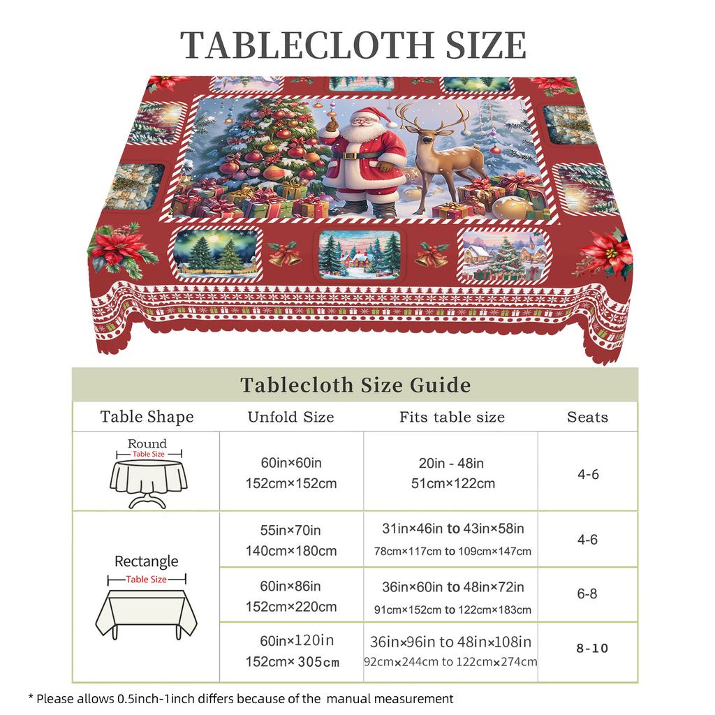 1 Piece Of Christmas Round And Rectangular Tablecloth, Various Sizes, Santa Claus And Christmas Tree Exquisite Scene Print Red Tablecloth, Christmas C